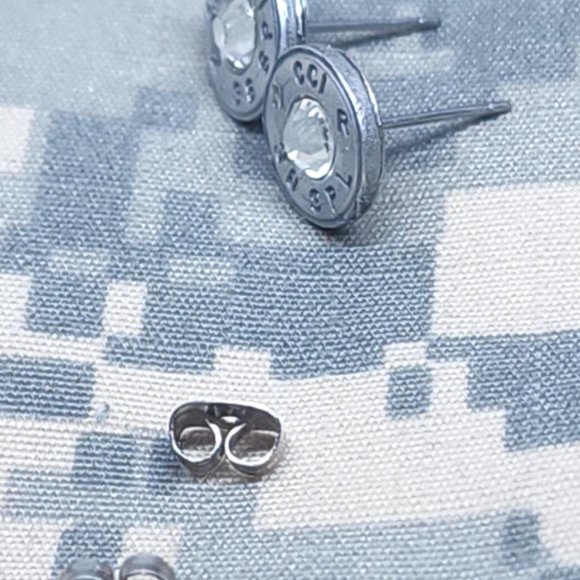 38 Special Caliber Silver Bullet Casings Clear Crystal Surgical Stud Earrings - Picture 2 of 4